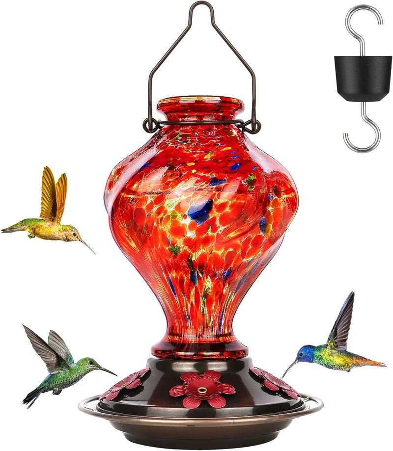 BOLITE Hummingbird Feeder, Glass Hummingbird Feeders for Outdoors Hanging, Hand Blown Twisted with Ant Moat and Five Feeding Ports, 24 Ounces, Leak Proof, Red, Gifts for Women Men, Gifts for Mom Dad - Image 1
